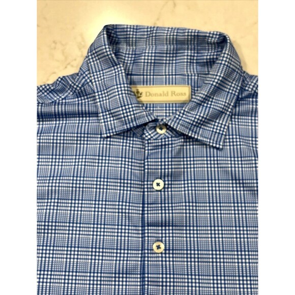 DONALD ROSS Mens Sz L Blue White Plaid Short Sleeve Golf Polo Shirt Nemacolin CC - Picture 1 of 9